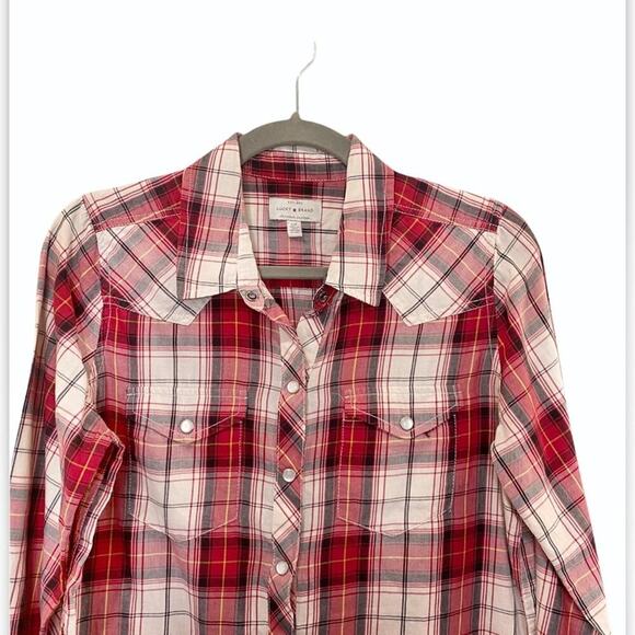 Lucky Brand Red Plaid Pearl Snap Button Down Sz S - Picture 4 of 14